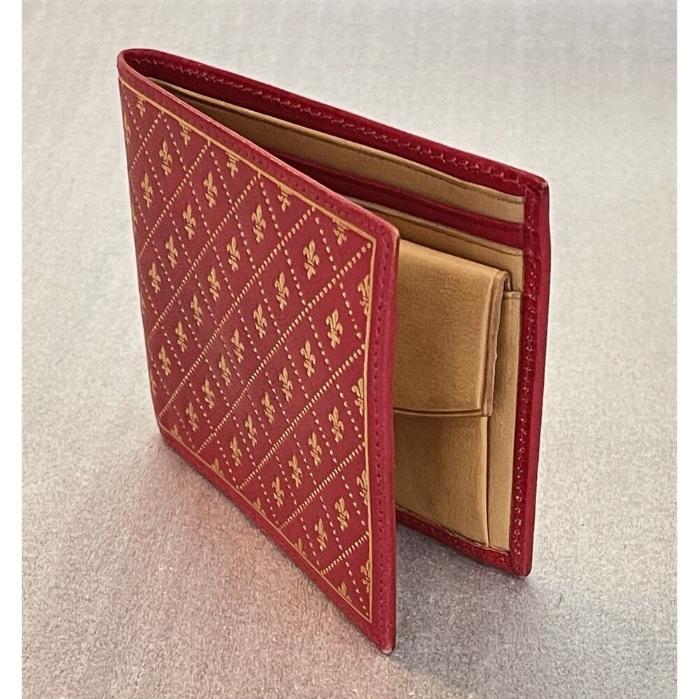 VTG Misuri Florence Italy Leather Bifold Wallet Scarlet Red Gold Fleur de Lis - Picture 4 of 14